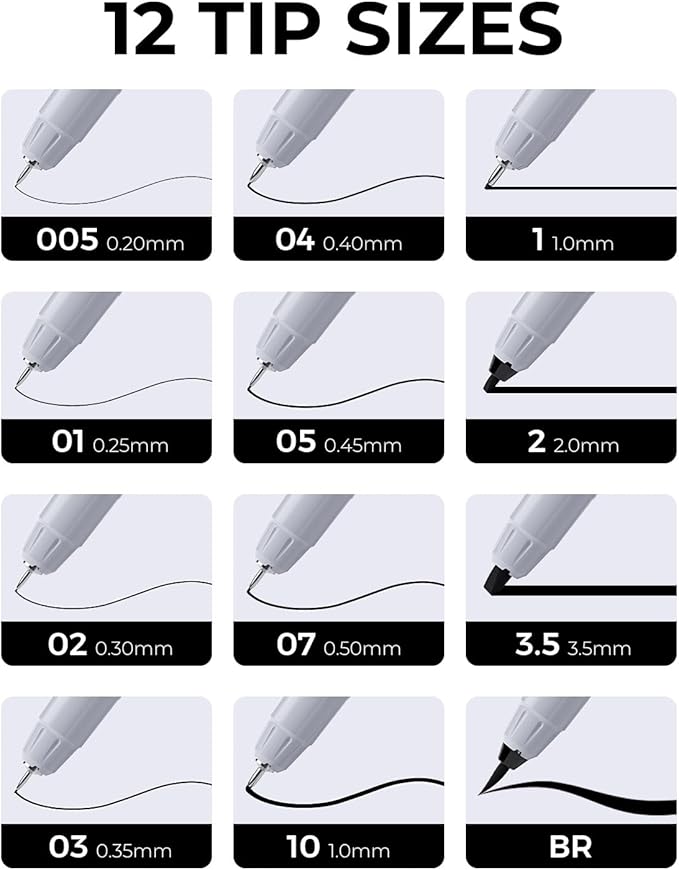 JusArt Fineliner Pens, Ultra Fine, Fine, Brush & Chisel, 12 Size, Waterproof Black Pigment Pen for Artists, Crafters, Illustration, Sketching, Writing, Journaling, Bible Note, Technical Drawing pens