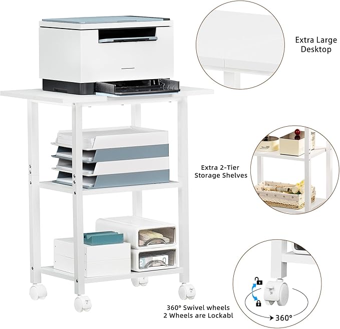 Lerliuo 3-Tier Printer Stand, Industrial Mobile Printer Table with Storage Shelf and Steel Frame, Rolling Printer Cart Holder with Lockable Wheels for Home, Office (White)