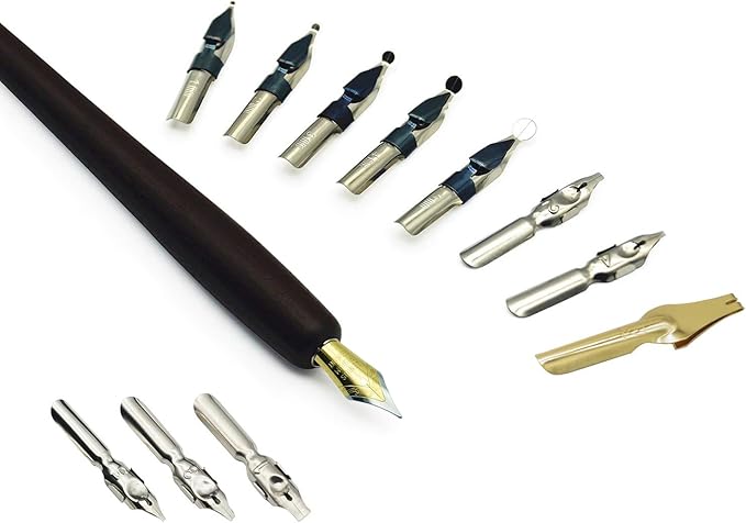 Plotube Calligraphy Pen Set – Includes Wooden Dip Pen, Antique Brass Holder, 11 Nibs, 7 Colors Ink Bottles and Beginner's Manual