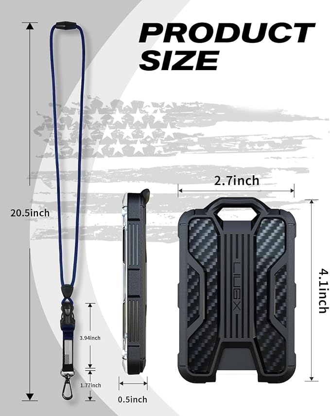 LIUGX Badge Holder with Heavy Duty Breakaway Lanyard, Carbon Fiber-Texture, Durable ID Card Holder (Holds 6 Cards) with Quick Release Detachable Buckle, Metal Clip, American Flag