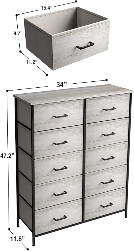 Sorbus Dresser with 10 Faux Wood Drawers - Chest Organizer Unit with Steel Frame Wood Top & Handle Easy Pull Fabric Bins for Clothes - Storage Furniture for Bedroom, Hallway, Living Room & Closet