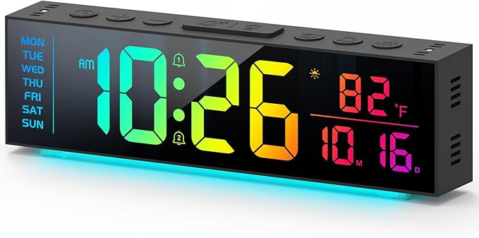 Digital Clock, Alarm Clock for Bedroom, Digital Wall Clocks for Classroom, Living Room Decor, Desk Clock Large Display, 13 Number Display Colors, 12 Ambient Light Colors, Auto Dimming, DST (Black)