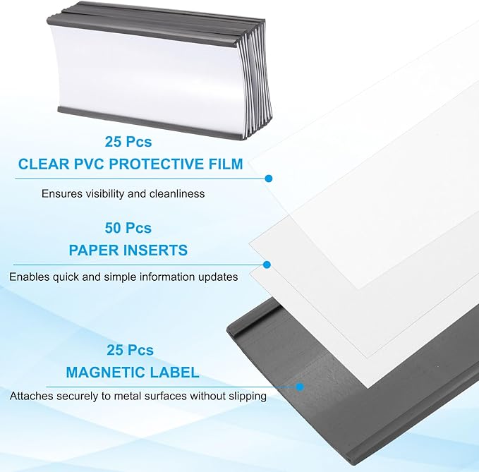 PATIKIL Magnetic Label Holder 4" x 2" with Paper Inserts, 25 Pcs C Channel Magnetic File Cabinet Labels Shelf Data Card Holder Signs for Metal Racks Shelves Whiteboard Tool Box