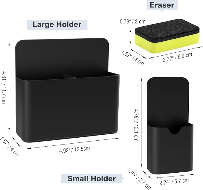 MoKo Magneitc Dry Erase Marker Holder Set, 3-Pack Magnetic Marker Pencil Pen Holder Cup Organizer for Metal & Magnetic Surface, 1 Large with Divider & 2 Small Holders & 1 Dry Erase, Black
