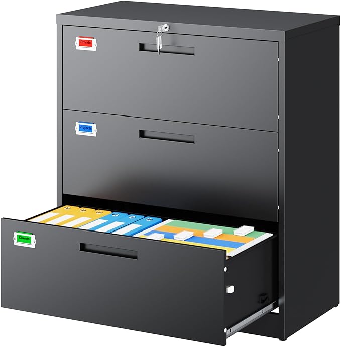 PEUKC 3 Drawer File Cabinet, Lateral Filing Cabinets for Home Office, Office Storage Drawers with Lock, Hanging Files Legal/Letter A4 Size (Assemble Required,Black)