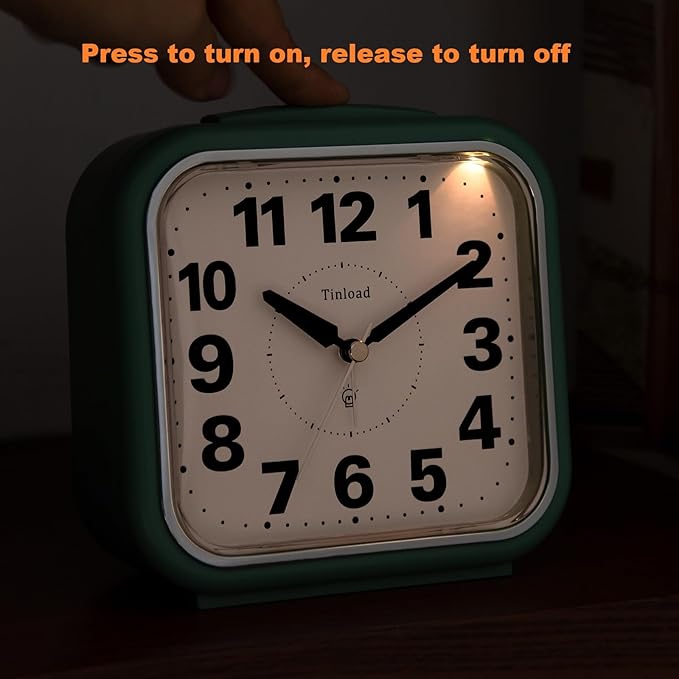 Tinload 5.5" Large No Ticking Analog Alarm Clock,Silent Readable for Seniors,Easy to Set,Gradual Rise Alarm,Big Numbers,Gentle Wake,Snooze, Lighted on Demand,Battery Operated,Green