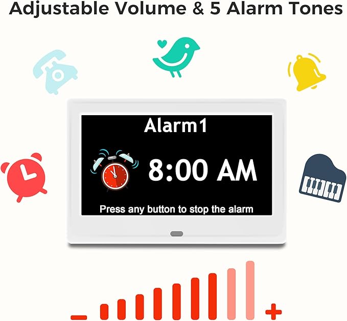 7'' Digital Clock, Dementia Clock With Date And Time, 10 Reminders, 6 Alarms, Auto-Dimming, Auto DST, Remote Control, Large Display Alarm Clock For Seniors, Gifts For People With Dementia, White