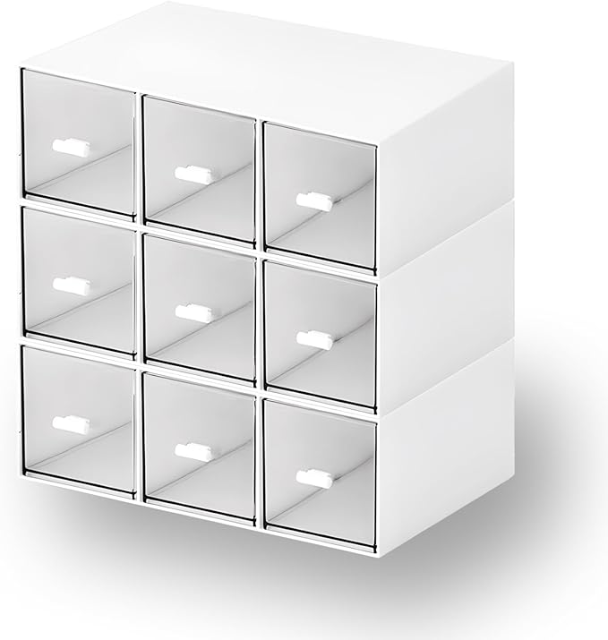 OSteed Desktop Drawers, Desk Organizer with 9 Drawers, Stackable Plastic Storage Box for Home Collection, Cosmetics, Jewelry, Office Supplies (3 Tiers, White)