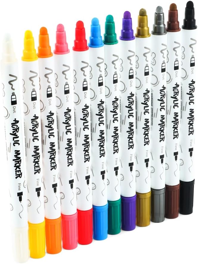 TRANSON 12 Color Bold and Fine Dual-tip Acrylic Paint Pen Set for Canvas Rock Wood Leather Ceramic DIY Painting
