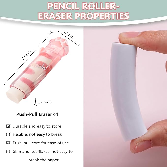 Retractable Pencil Eraser, Cute Erasers,Kawaii Cat Paw Eraser,Suitable for School Home Office Supplies, 4Pcs