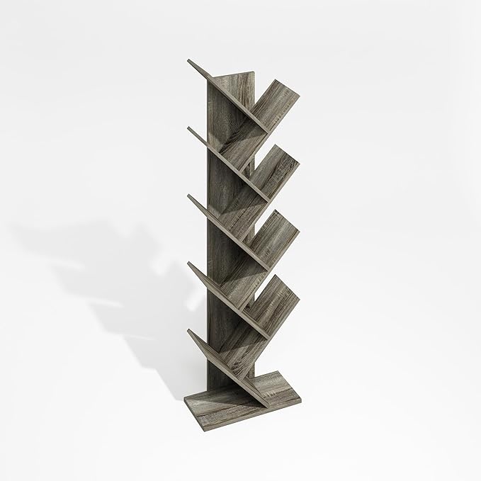 Furinno Tree Book Shelf, 9-Tier Bookshelf, Tree Bookcase for Room Decor, 8.4 x 15.7 x 50.9, for Living Room, Bedroom, Home Office, Grey Oak
