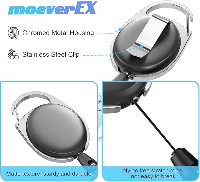 Retractable Badge Holder with Carabiner Reel Clip and Key Ring for ID Card Key Keychain Holders Black 20 Pieces by moeverEX