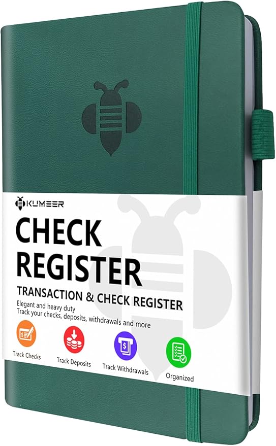 KUMEER Check Register – Elegant Check Registers for Personal Checkbook with Check & Transaction Registers, Hardcover Checkbook Log 5.2x7.6" (Earth Green)