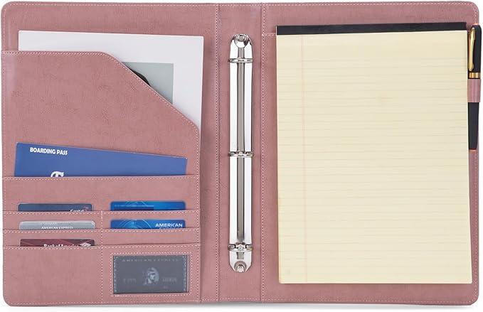 Geslun Vegan Leather 3 Ring Binder, 8.5 x 11 Letter Size Folio with Pen Holder, Soft Notebook Portfolio Cover, Slim Notepad Padfolio Thin File Organizer for Work Executive Meeting, Pink