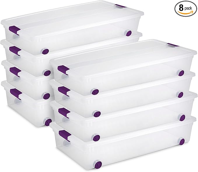 Sterilite 8-Pack 60 Quart ClearView Latch Box, Wheeled Underbed Organizer Bins with Latching Lids - Clear Plastic Organization Containers for Closet, Bedroom, Shelving Units and Everyday Home Storage