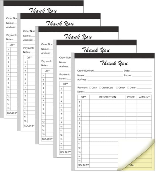 (5-Pack) Thank You Receipt Book - 5.5" x 8.5" Cardboard 2-Part Carbonless Sales Invoice Book, 250 Sheets Invoice Pad with Cardboard for Small Business