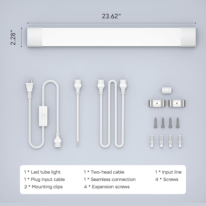 Modlicht LED Shop Light Fixture, 2FT Linkable 18W Plug in Wall Light, 5000K Closet Light for Workbench Kitchen Basement, Under Cabinet Lighting, LED Tube Light Fixture with Plug, Triproof, White