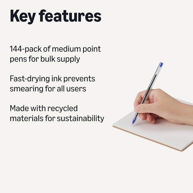 Amazon Basics Ballpoint Pens, 1.0mm, Blue, 144 Pack