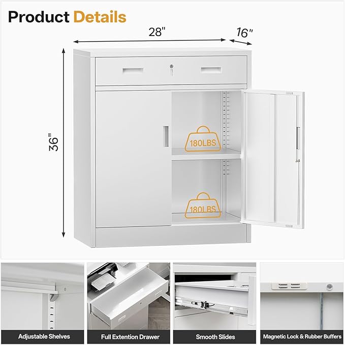 TaskStorz Metal Storage Cabinets with Drawer, 36" H Lockable Storage Cabinet with Doors and Adjustable Shelves, Small White Steel File Cabinet for Home, Office, Warehouse, School, Assembly Required