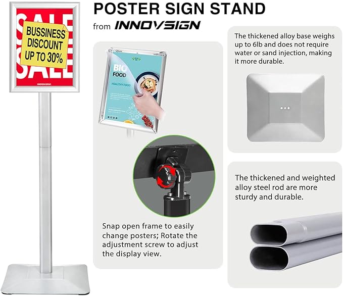 INNOVSIGN Heavy Duty Adjustable Pedestal Poster Sign Stand, 8.5x11 Aluminum Open Floor Standing Sign Holder for Vertical and Horizontal View Display (8.5x11,Silver)