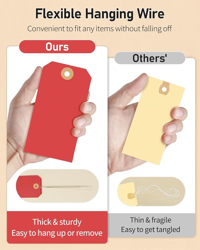 Uniclife 100 Pcs Red Blank Shipping Tags with Wire Attached 4.7 Inch Paper Tags Hang Tag with Reinforced Eyelet Large Marking Label Writable Price Inventory Label Tag, 4.7" x 2 3/8"