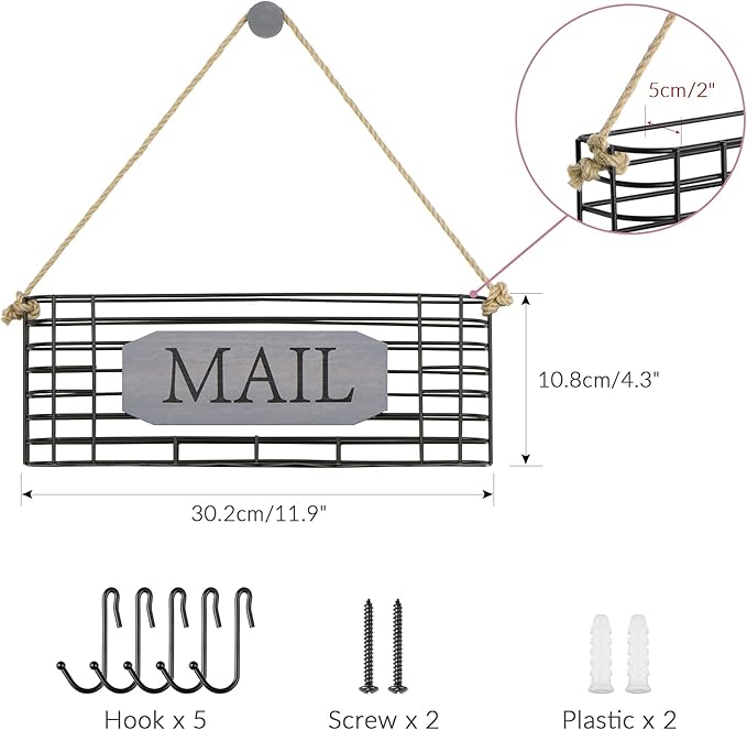 SRIWATANA Mail Key Holder for Wall, Rustic Mail Organizer Wall Mount with 5 Key Hooks, Large, Weathered Grey