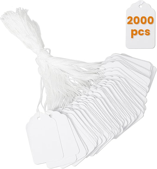 2000 PCS White Price Tags, 1.75 x 1.1 Inches, Goefun Gift Tags with String Attached for Labeling, Hanging, Clothing, Jewelry, Garage/Yard Sale, Inventory, 250 GSM