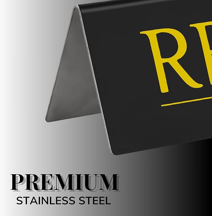6 Reserved Table Signs – Black Stainless Steel with Yellow Mirror Lettering | Durable & Reusable Reserved Signs for Wedding & Restaurant Events | Wedding Accessories & Restaurant Supplies by Adaptic Group®