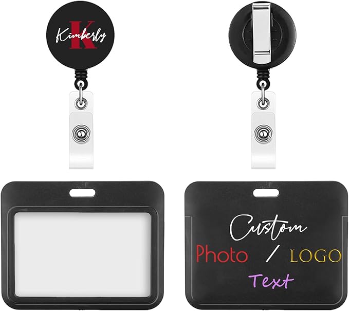 Custom Badge ID Card Holder Personalized Retractable Badges Reel Clip with Picture Photo, 1,50 Pack Bulk - Horizontal