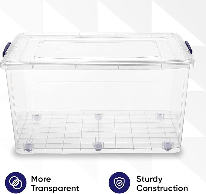 Superio Clear Storage Boxes with Wheels (2 Pack), 85 Qt Heavy Duty Containers with Lids, Stackable Rolling Bins for Home, Garage, Closet Organization- Linen, Tools, Clothing, Supplies