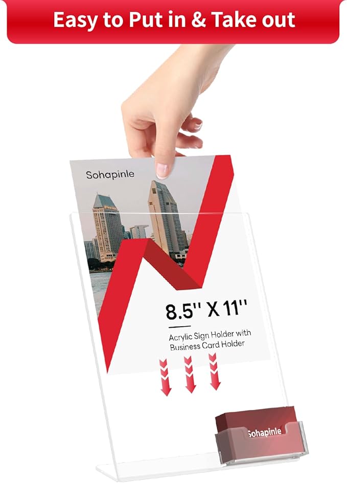 Acrylic Sign Holder 8.5 x 11 Inches with Business Card Holder Clear Plastic Brochure Flyer Display Stand Slanted Countertop Organizer for Pamphlets Magazines Booklets Menus, 4 Pack