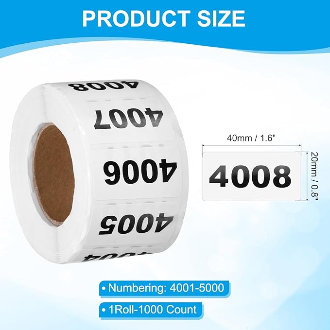 PATIKIL 0.8 x 1.6 Inch Inventory Number Sticker, 1 Roll 4001 to 5000 Consecutive Number Labels Self-Adhesive Labels Tag 1000 Stickers for Office Warehouse Numbering Classification, Black