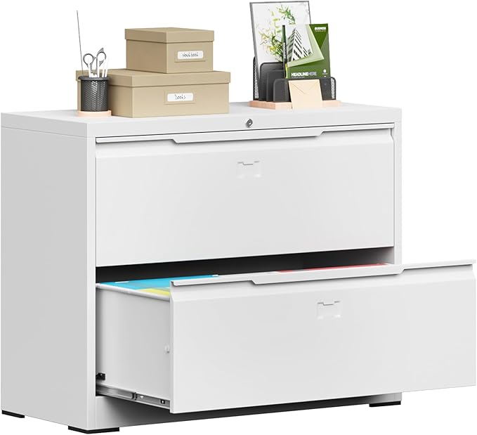 Bestoo 2-Drawer Lateral File Cabinet with Lock, Metal Filing Cabinet for Home Office, Lateral Filing Storage Cabinets, Fits File Folders, Letter/Legal/F4/A4 Sizes, Assembly Required (White)