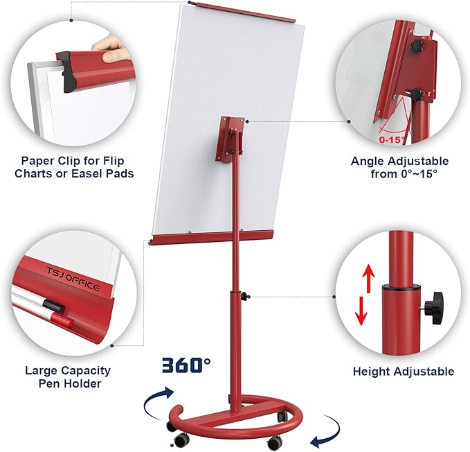 TSJ OFFICE Rolling Whiteboard Standing - 40 x 26 Inches Magnetic Mobile White Board with Stand, Height Adjustable Dry Erase Board on Wheels with Paper Clamp on Top, Red