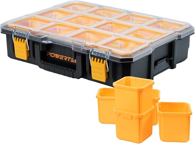 POWERTEC Small Parts Organizer & Tool Box – 10 Compartments, IP65 Water & Dust Protection, Stackable Storage with Interlocking Latch, Removable Tray, Clear Lid, Portable Design (72365)