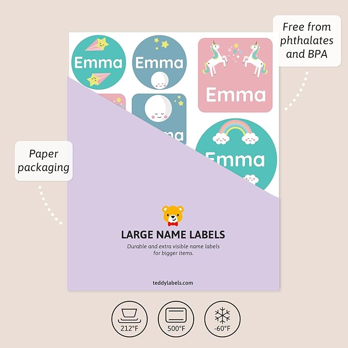 Large Name Labels for Kids (33) - Custom Stickers for Daycare and School Supplies - Durable, Waterproof Stickers for Water Bottles, Lunch Boxes, and More with Unique Designs - Unicorn