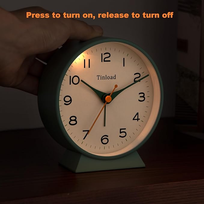 Tinload 4.5" Battery Operated Retro Analog Alarm Clock, Small Silent Bedside Desk Clock,Lighted on Demand, Battery Operated, Snooze, for Living Room, Bedroom, Bedside, Desk(Green)