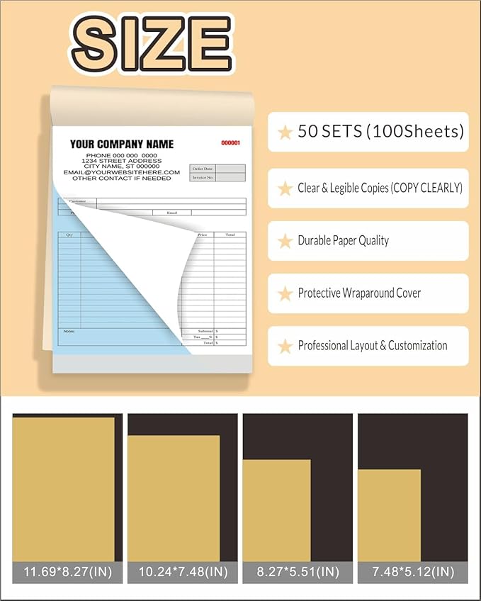 Custom Carbonless Invoice Book with Logo, Personalized Cover & Inner Pages, 2 Part NCR Receipt & Work Order Forms, Easy Tear, Writing Shield for Small Business (2-Part [White/Blue], 7.48 x 5.12INCH)
