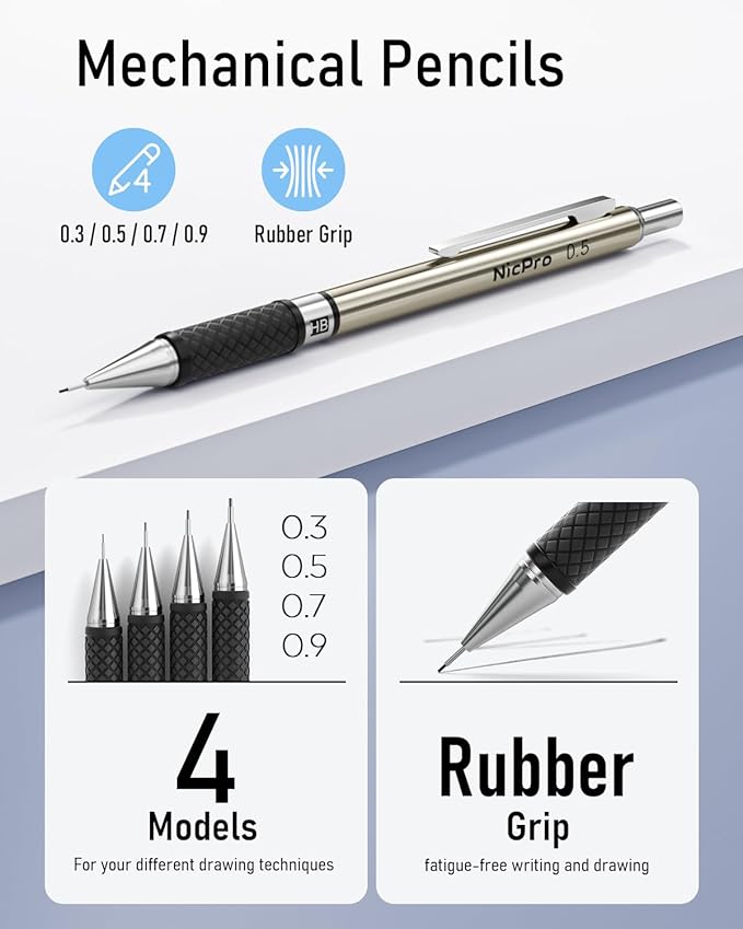 Nicpro 37PCS Art Mechanical Pencil Set, 4PCS Metal Drafting Pencil 0.3mm, 0.5 mm, 0.7 mm, 0.9 mm & 2PCS 2mm Lead Holder (6B 4B 2B HB 2H 4H Colors) For Sketching Drawing With 23 Tube Lead Refills Case