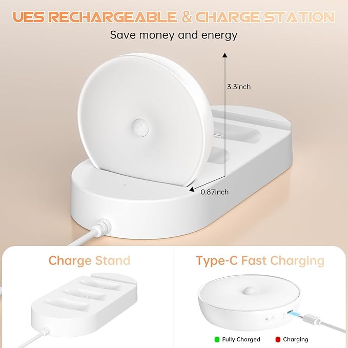 LED Closet Lights Motion Sensor Puck Light with Charge Station, USB Rechargeable Battery Operated Puck Step Lights, Dimmable Under Cabinet Lighting for Counter Wardrobe Kitchen (6 Pack)