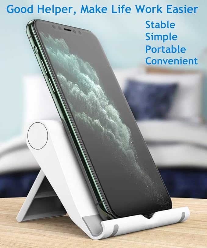 JUSDIQIR Cell Phone Stand for Desk Foldable Cell Phone Holder Desk Tablet Holder Mobile Phone Dock, Multi-Angle Universal Adjustable Tablet Dock Compatible with Most Cell Phones (White)