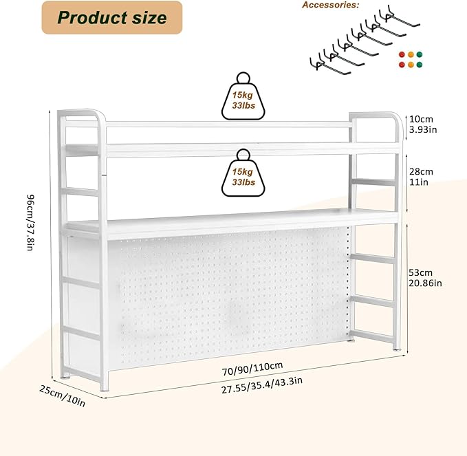 ZWCQSYS 2-Tier Desktop Bookshelf Hutch - Metal Desk Shelf Bookcase with Desk Pegboard Countertop Storage Organizer Rack for Dorm or Office (A, 70cm/27.5in)
