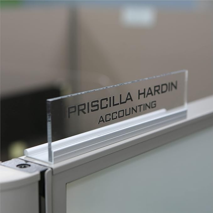 Printex Design - Personalized Office CUBICLE Name Plate & Sign. Modern Aluminum Holder - 4 Plate Colors (Clear See Through)