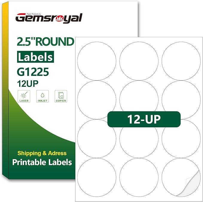 Gemsroyal 2.5 Inch Round Labels Printable,Matte White Circle Printable Stickers,2.5" Circle Labels for Printer,2-1/2" Blank Round Sticker Label,40 Sheets,12 Stickers per Page,World Class Materials