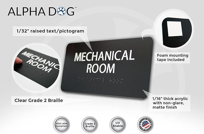 ALPHA DOG ADA SIGNS - Mechanical Room Sign with Braille for Your Business, 4x8 Inch, ADA Compliant, Indoor or Outdoor, Easy Installation, Made in the USA, Black