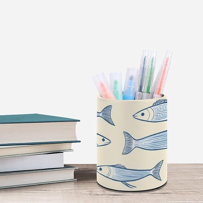 Sardine Fish Pencil Holder Leather Desk Organizer Stand Round Pen Cup Container for Home Office