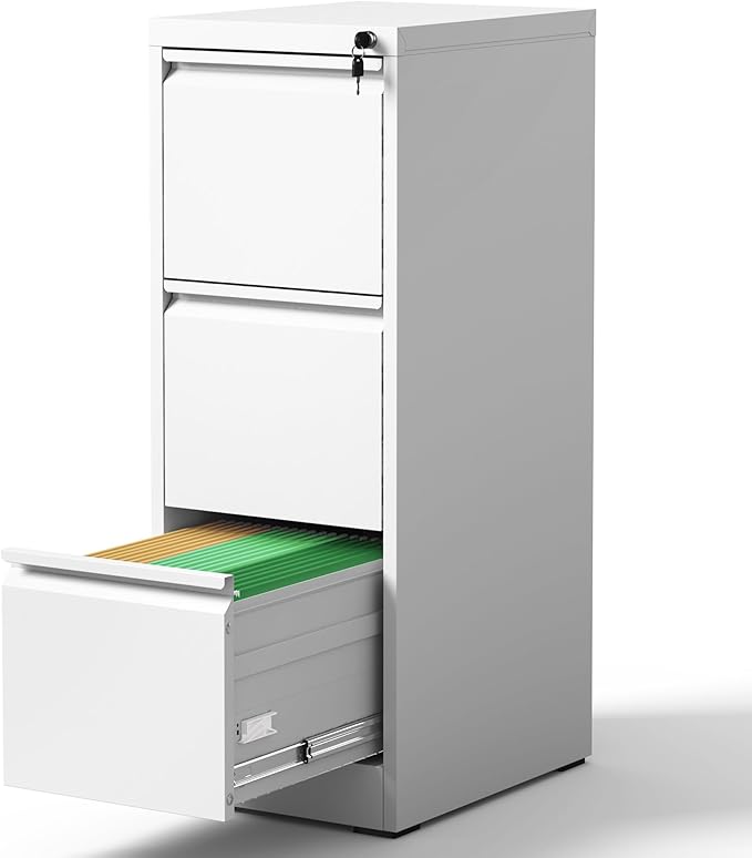 Yukimo 3 Drawer File Cabinet with Lock, Vertical File Cabinet with Lock, Locking File Cabinet Hanging Files for A4/ Legal/Letter,White