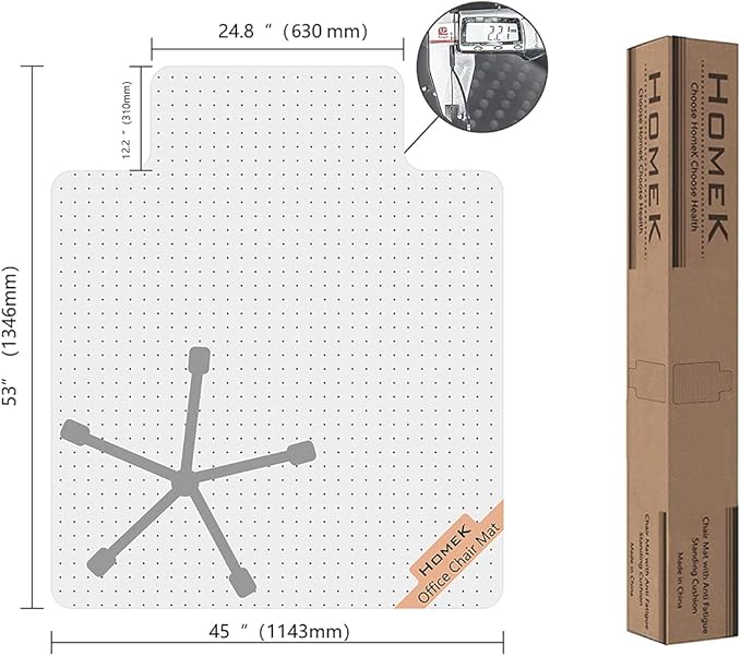 HOMEK Office Chair Mat for Carpet, 53" x 45" Studded Desk Chair Mat for Low Pile Carpeted Floors, Transparent Carpet Protector Mat for Office Chairs