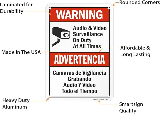 SmartSign 2-Pack 'Warning Audio And Video Surveillance On Duty At All Times' Bilingual Sign - 7" x 10", 40 mil Laminated Rustproof Aluminum Metal, Red, Black and White, Fade-Resistant, Made in USA
