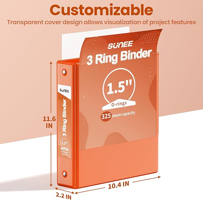 SUNEE 3 Ring Binder 1.5 Inch 1 Pack, Clear View Binder Three Ring PVC-Free (Fit 8.5x11 Inches) for School or Office Supplies, Orange